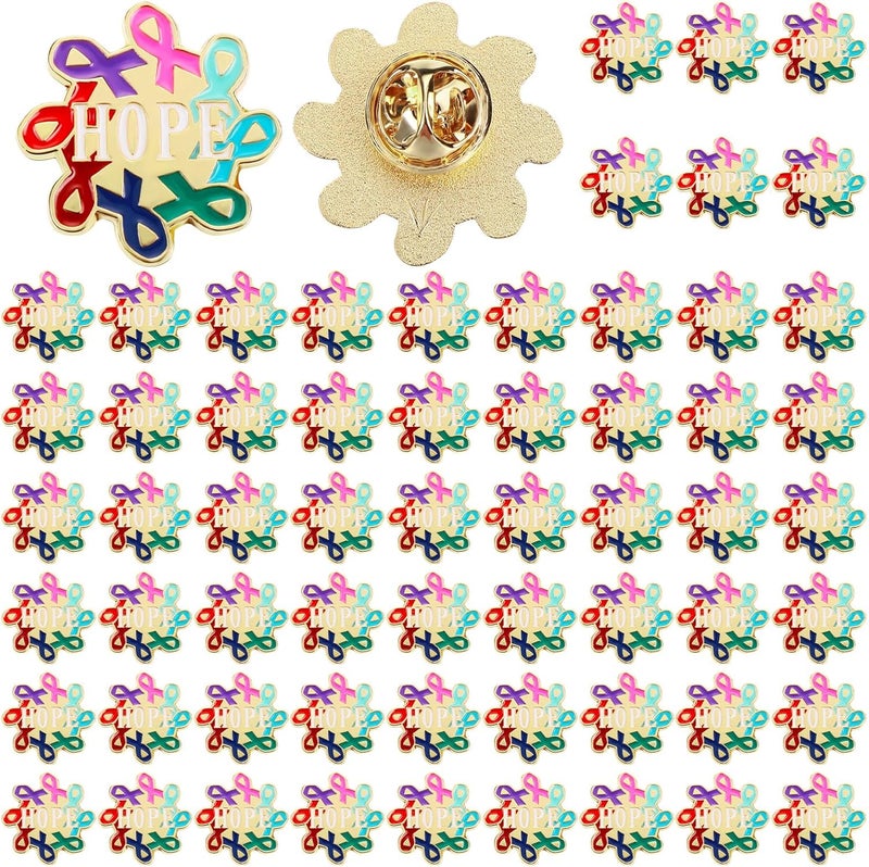 Riceshoot Store 60 Pcs Breast Cancer Awareness Lapel Pin Bulk All Cancer Pink Ribbon Hope Button Brooch Gift for Women Cloth Backpack Hat - Image 1
